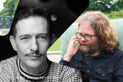 Collage av to fotografier med ansikter: venstre bilde er i svart-hvitt og viser en person med mønstret strikkegenser, mens høyre bilde er i farger og viser en person med langt krøllete hår, skjegg og briller som sitter utendørs med grønt gress og trær i bakgrunnen. Foto: Kagge forlag/Agnete Brun og Andreas Kjensli Knudsen.
