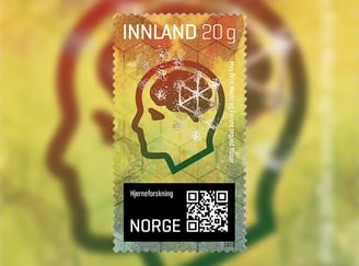 Frimerke med illustrasjon av nettverk i hjernen som danner stedssansen, hyller Moser-paret for Nobelpris