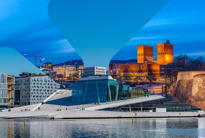Kombinasjon av to bilder av Oslo med blå himmel som viser Biblioteket og Operaen i Bjørvika. 