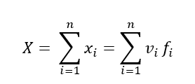 Matematisk formel som viser summen av verdier  𝑥 𝑖 x  i ​  , som ogs&aring; kan uttrykkes som produktet av verdier  𝑣 𝑖 v  i ​   og frekvenser  𝑓 𝑖 f  i ​  . Brukes ofte i statistikk for &aring; beregne totalverdier. Tilpasset universell utforming med lesbar notasjon.