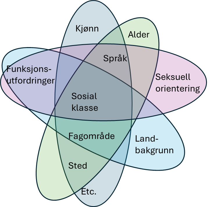Illustrasjon av mangfold og interseksjonalitet som viser hvordan ulike faktorer som kj&oslash;nn, alder, spr&aring;k, funksjonsutfordringer, seksuell orientering, sosial klasse, landbakgrunn og fagomr&aring;de overlapper og p&aring;virker hverandre. Universell utforming ivaretatt med tydelig fargebruk og lesbar tekst.